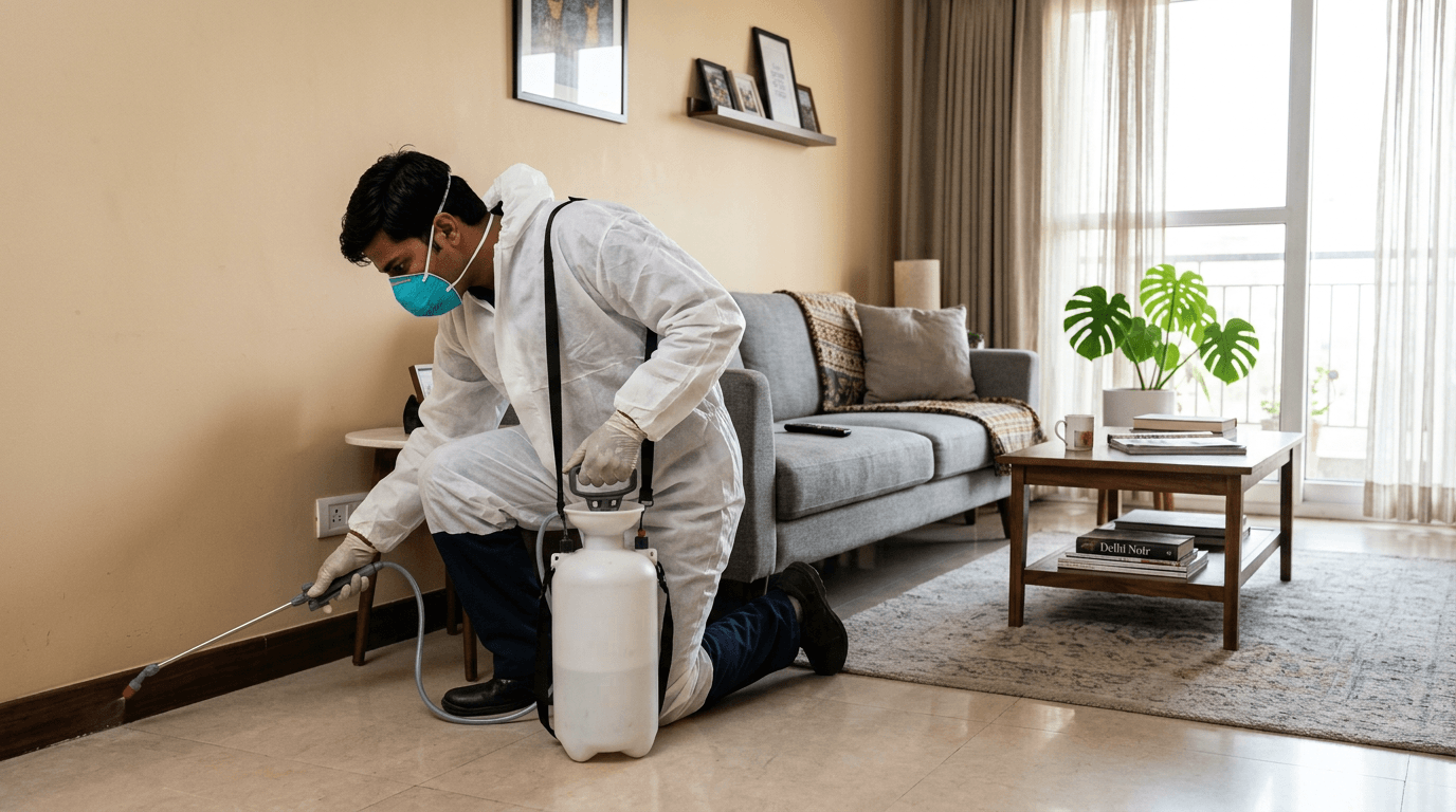 Pest control technician treating a home in Delhi NCR